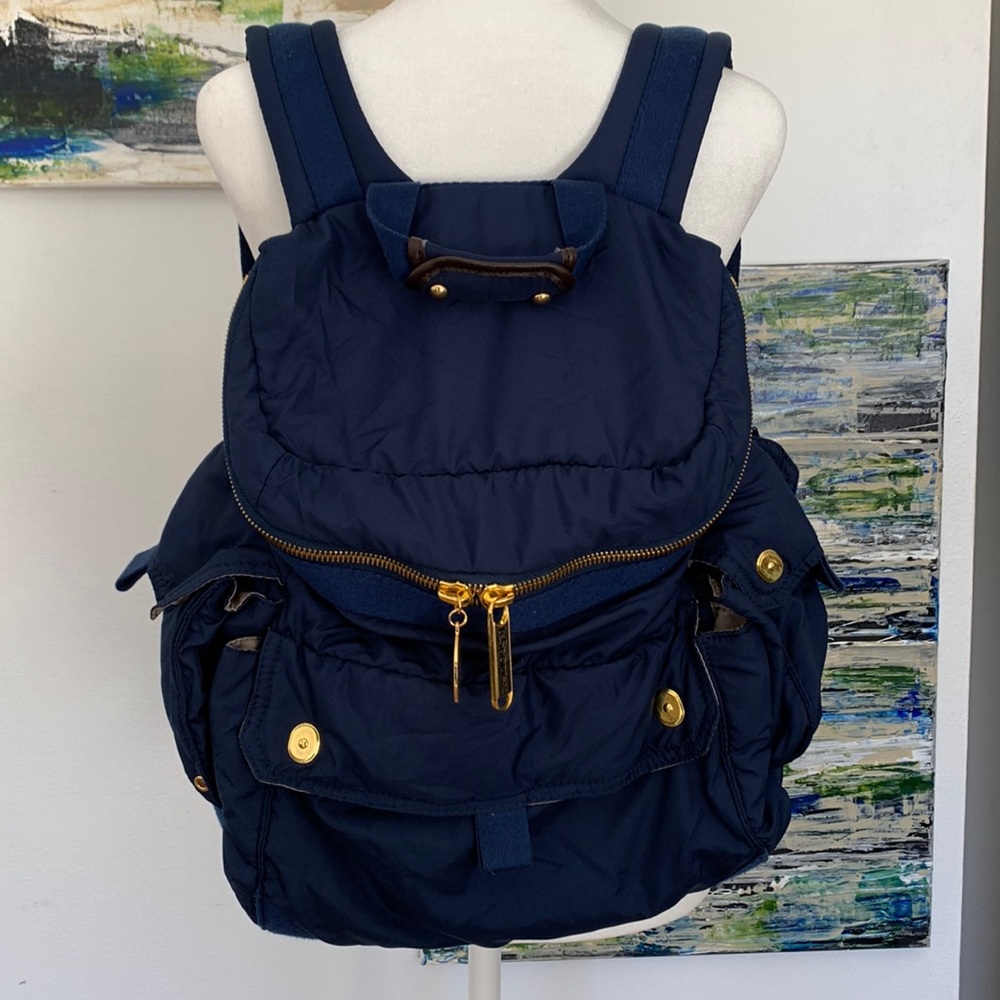 Navy Quilted Nylon Backpack with Gold Hardware